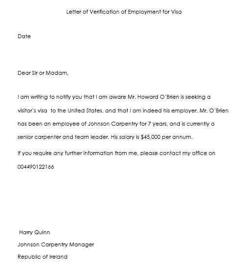 uk visa employment letter template