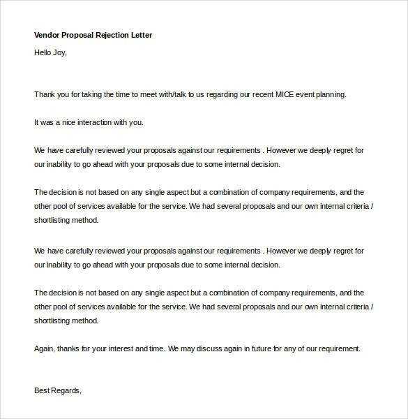 vendor rejection letter template