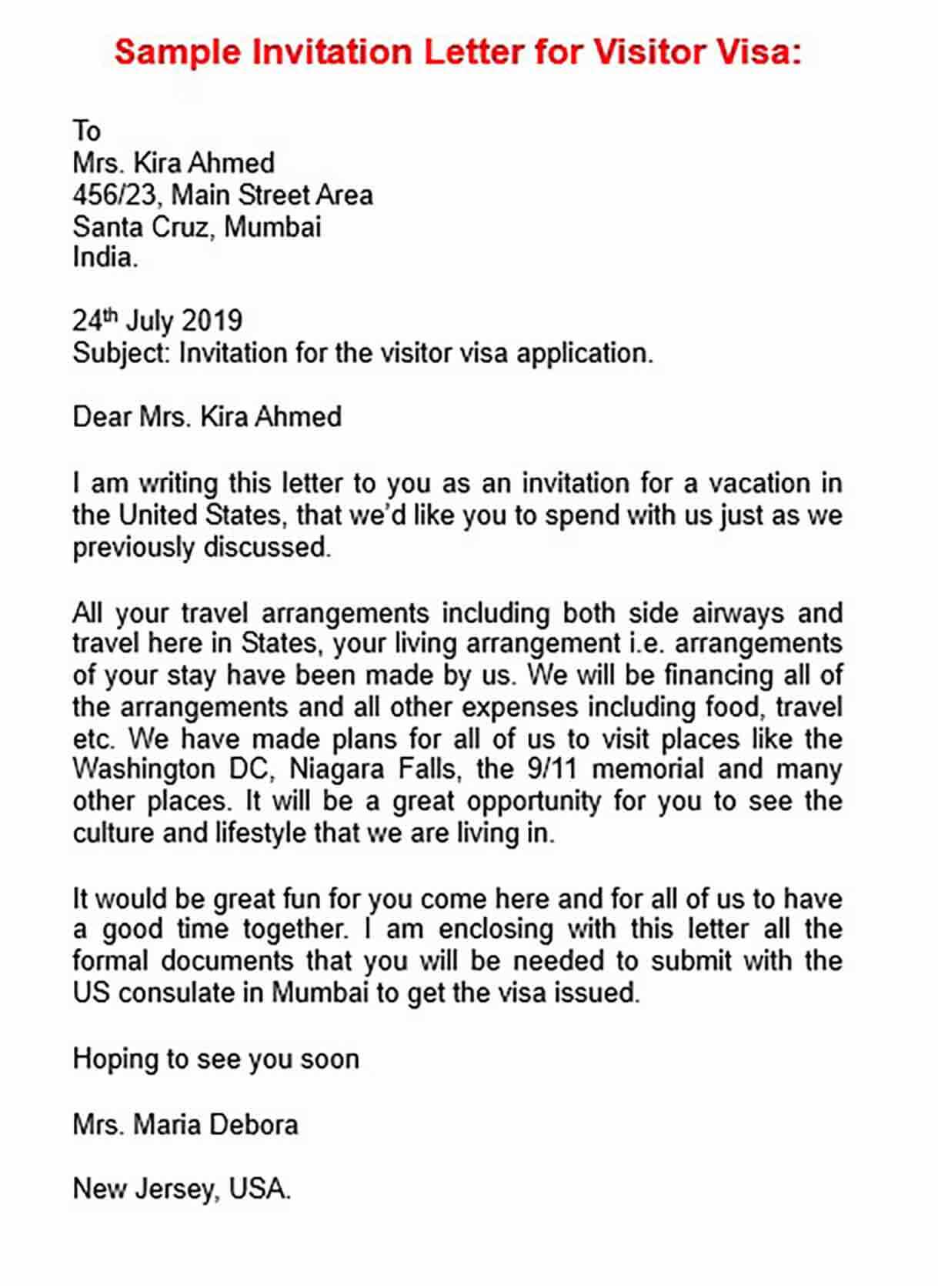 visitor visa invitation letter template