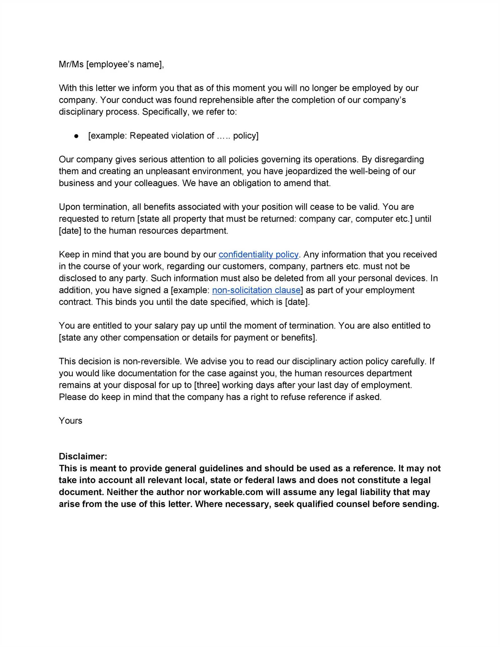 wrongful termination letter template