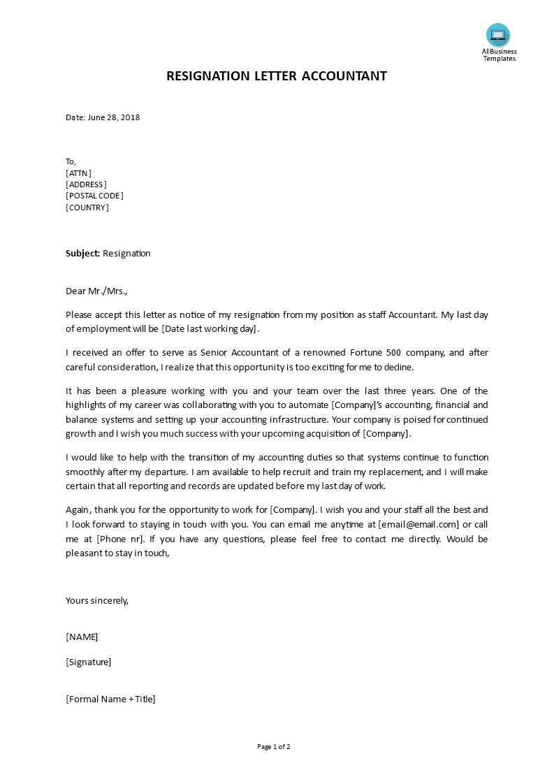 accountant resignation letter template