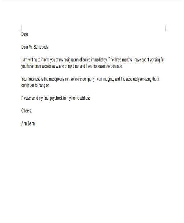 letter of resignation example template