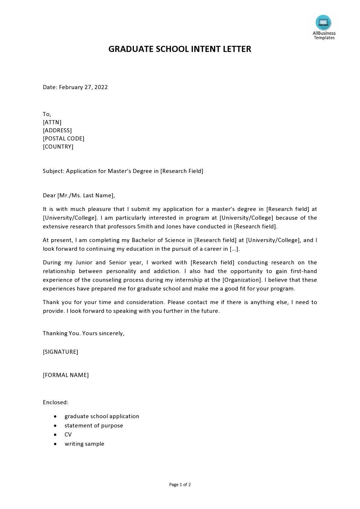 letter of intent medical school template