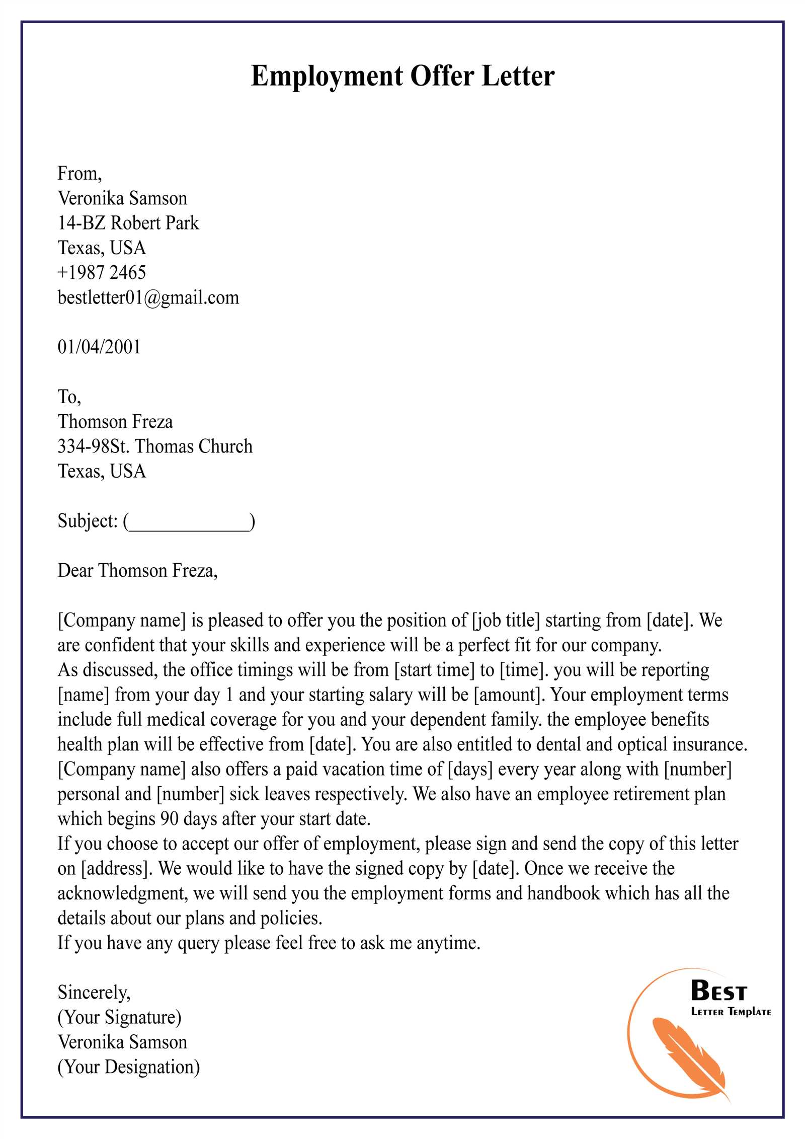 offer of employment letter template free