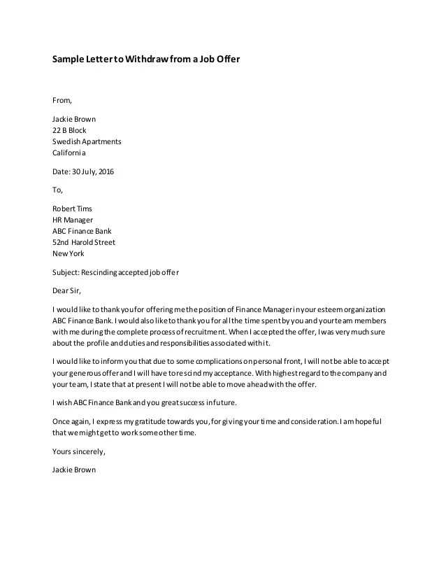 job offer withdrawal letter employer template