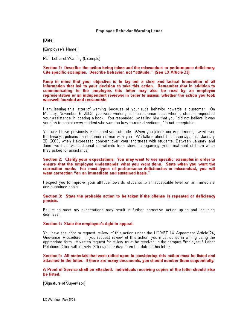 behavior letter template