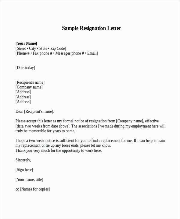 two weeks notice printable resignation letter template