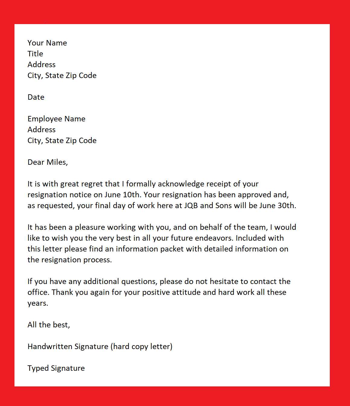 accept resignation letter template