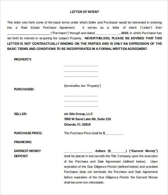 free letter of intent to purchase real estate template