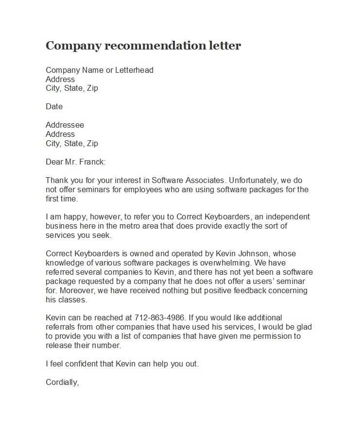 business to business recommendation letter template