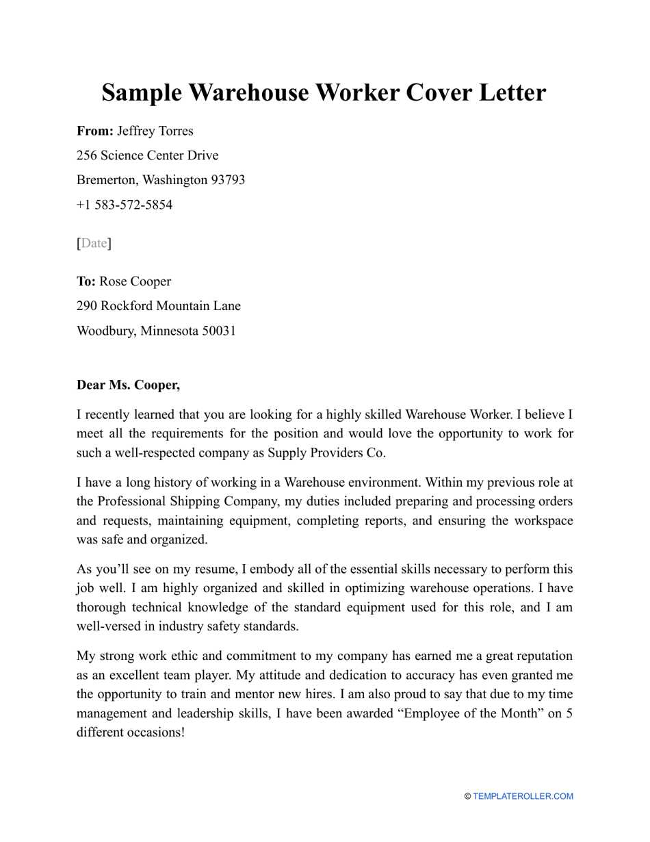 cover letter template for warehouse position