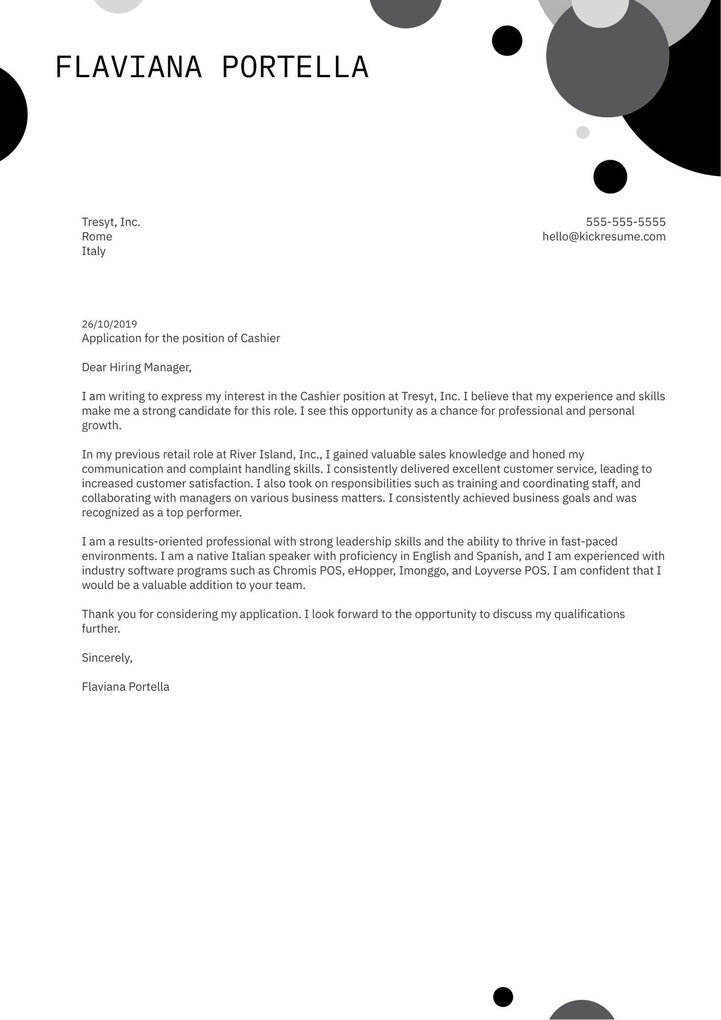 cashier cover letter template