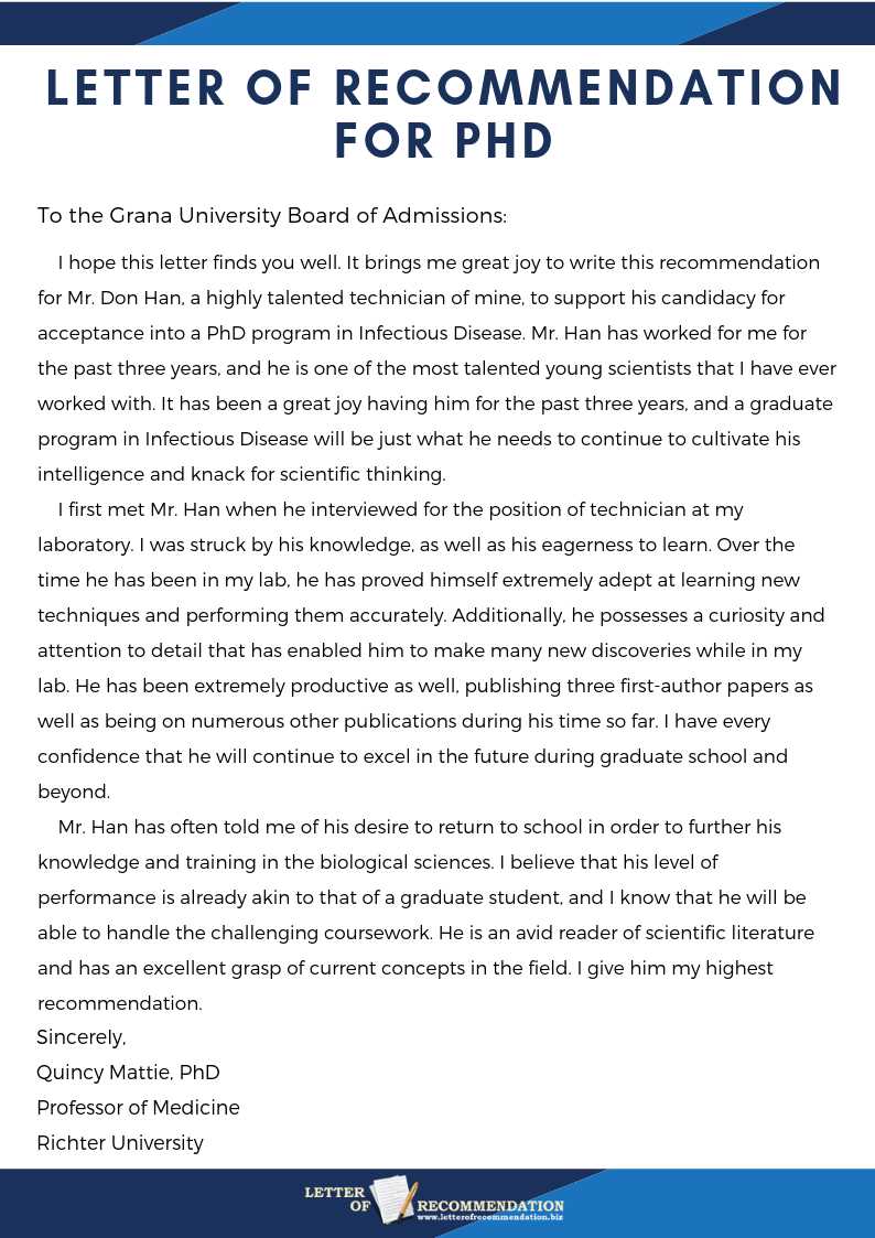 phd letter of recommendation template