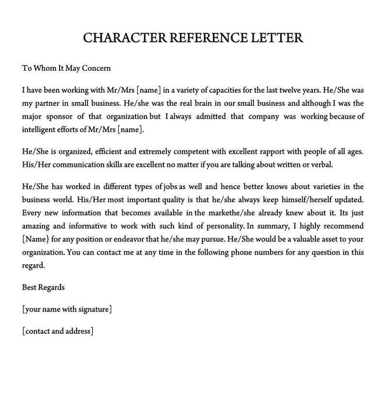 character reference letter template word