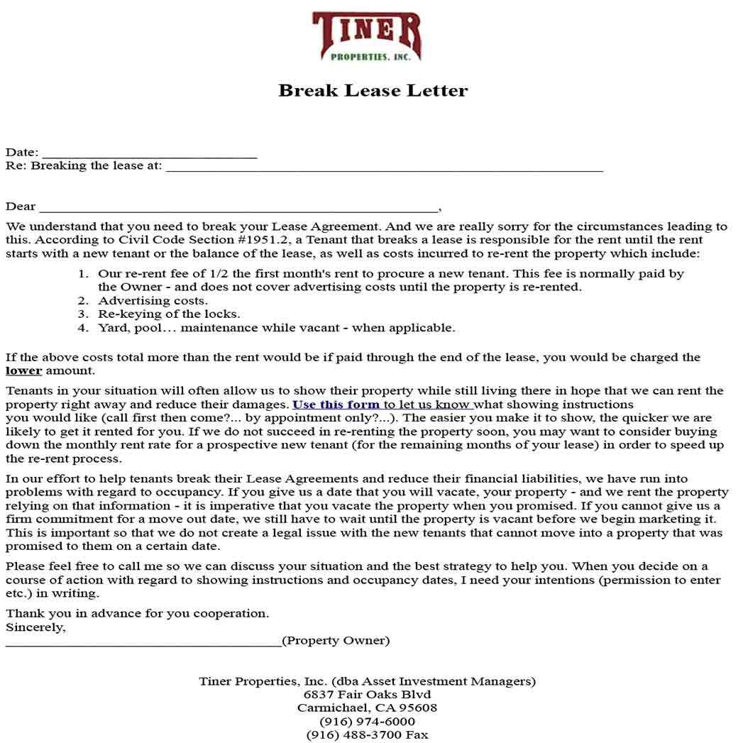 template letter to break rental lease