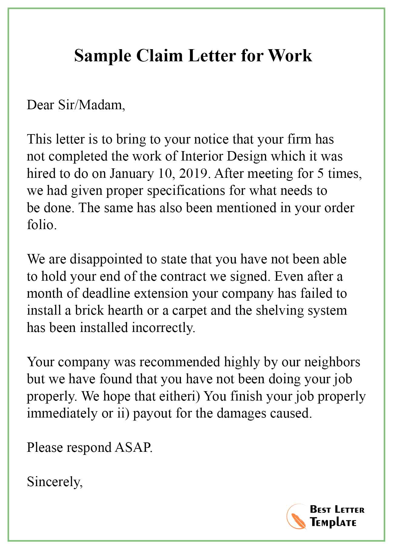 claim letter template word