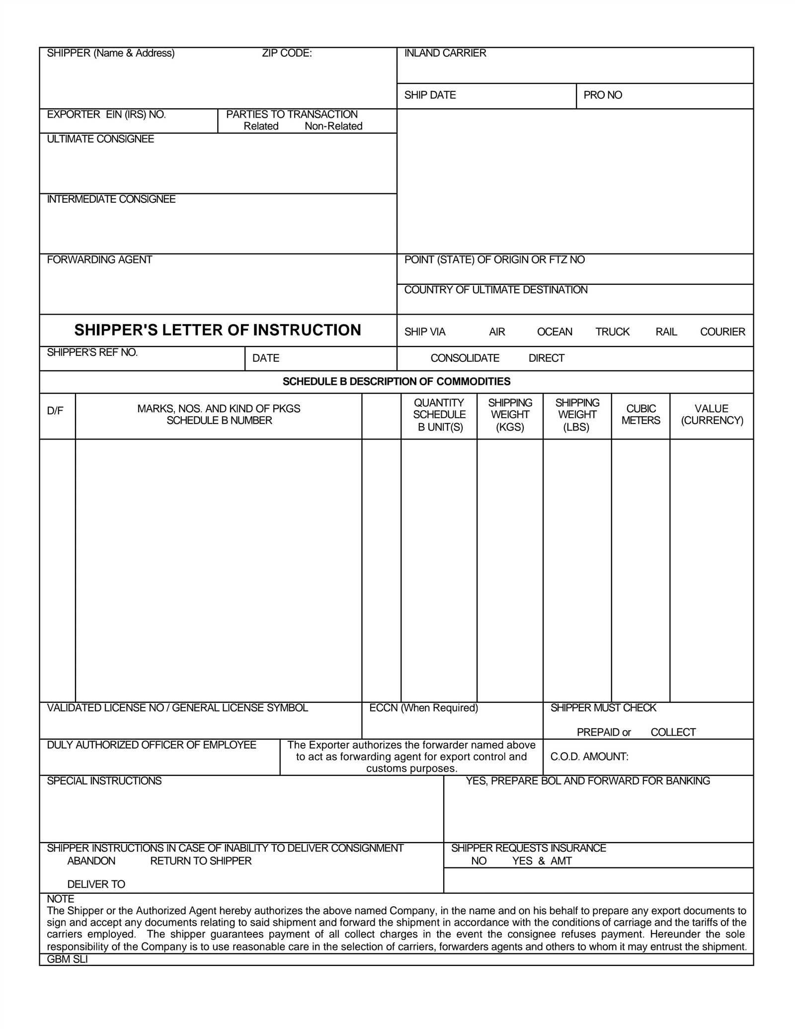 shipping letter of instruction template