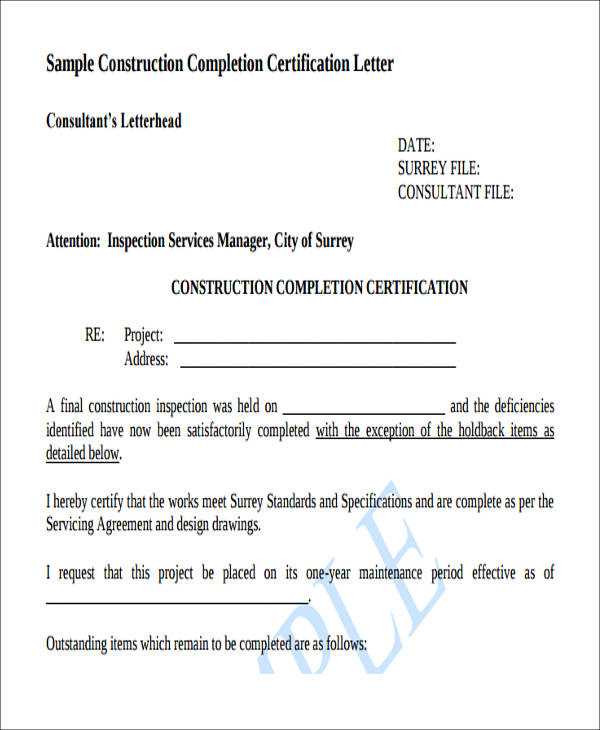 construction letter of completion template