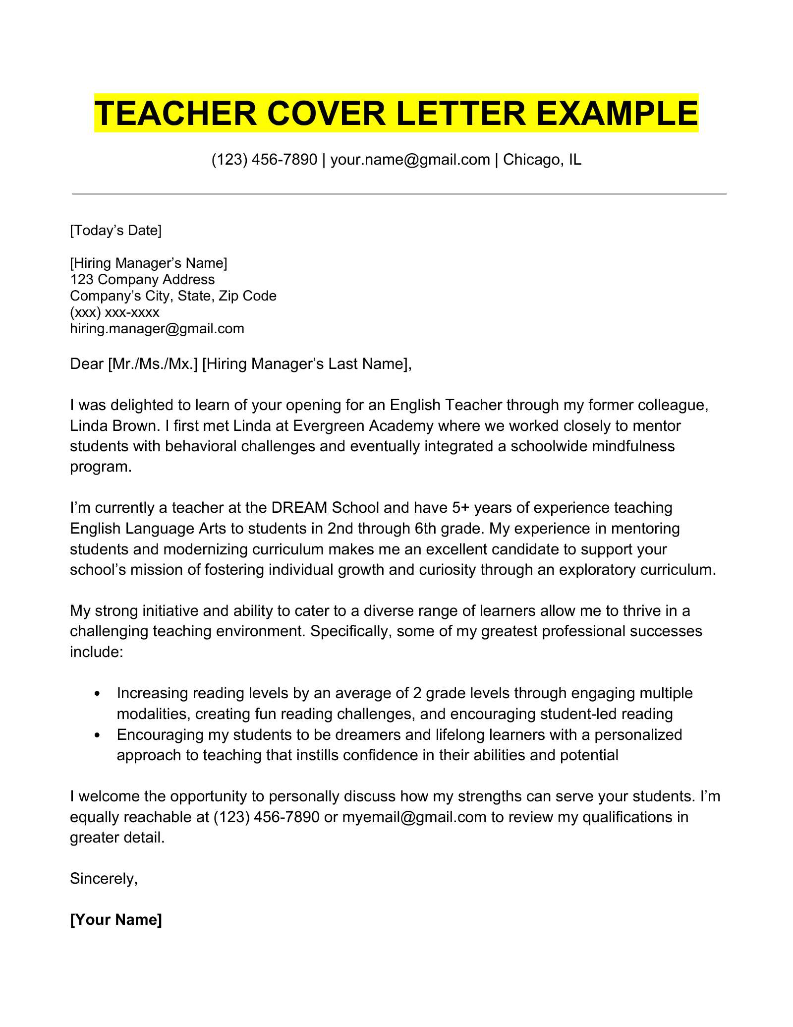 cover letter teacher template