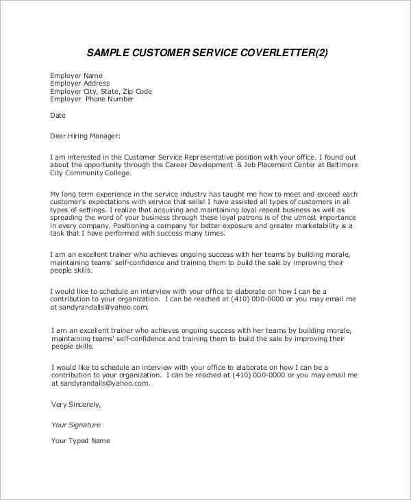 cover letter template customer service specialist