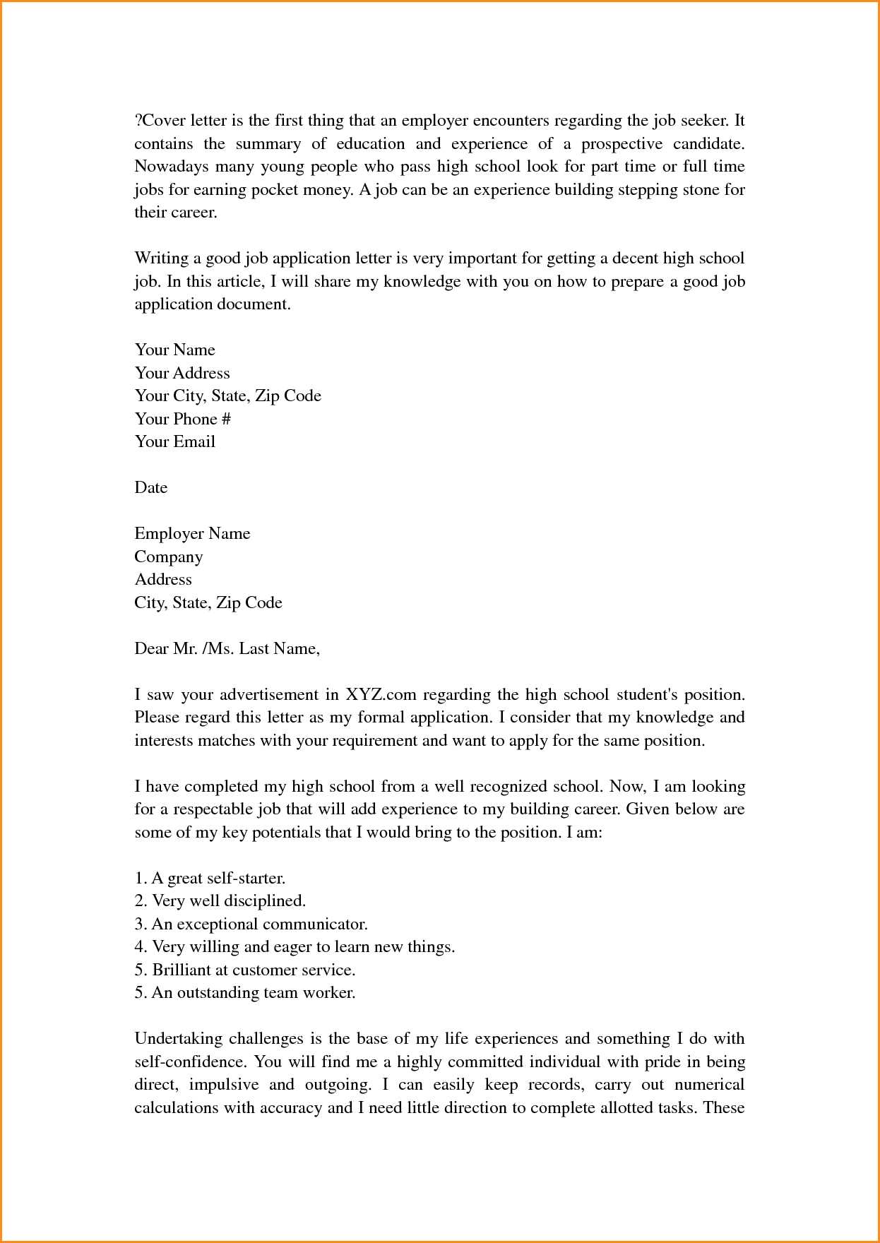 cover letter template for high school students