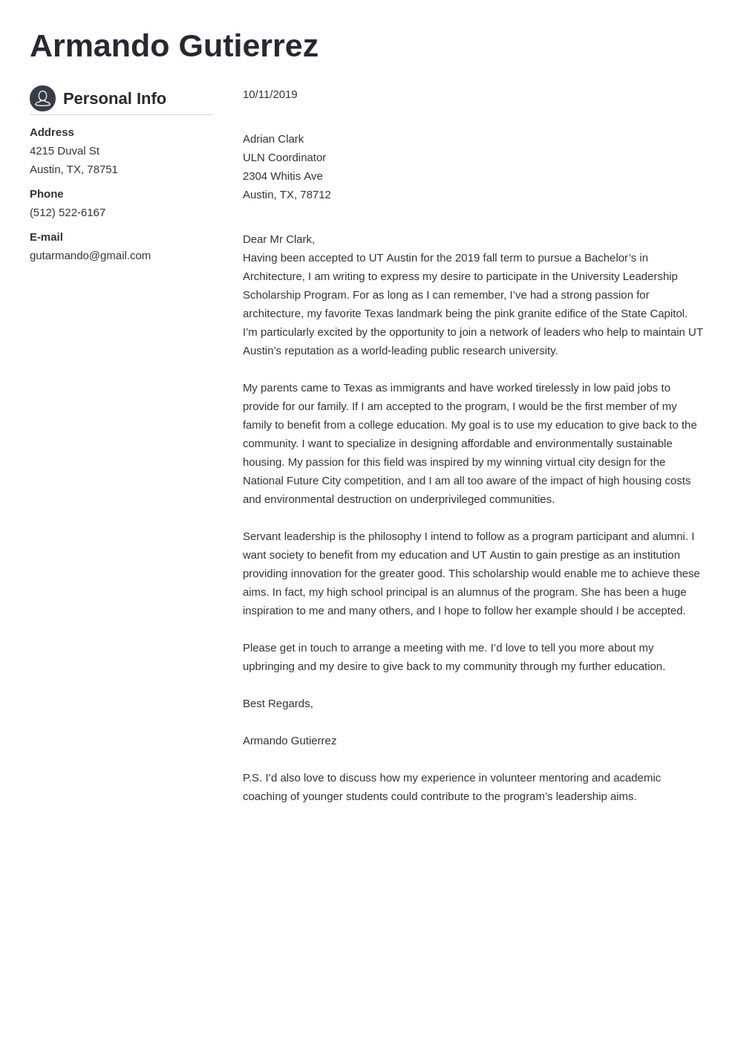 cover letter template for scholarship application