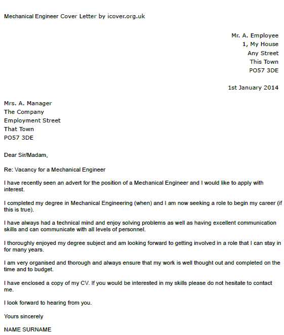 cover letter template mechanical engineer