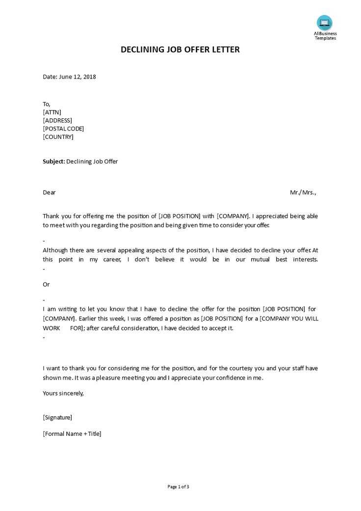 decline job offer letter template