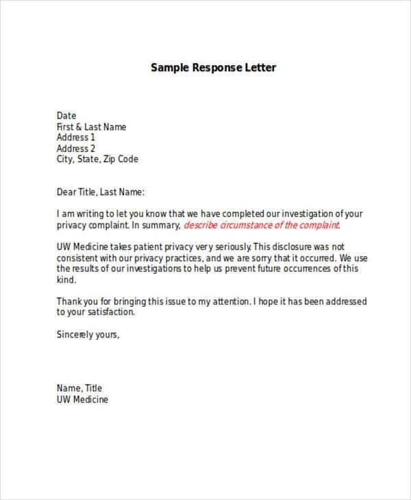 customer service complaint response letter template