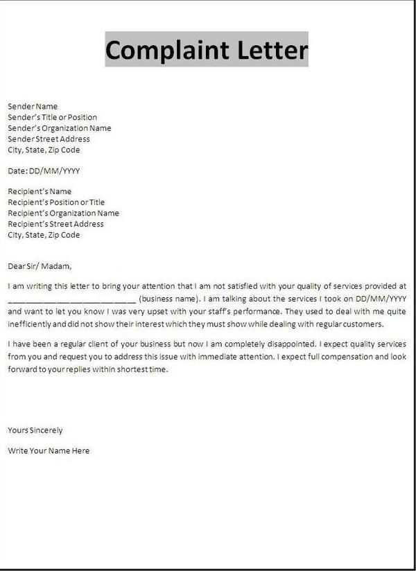 formal complaint letter template word