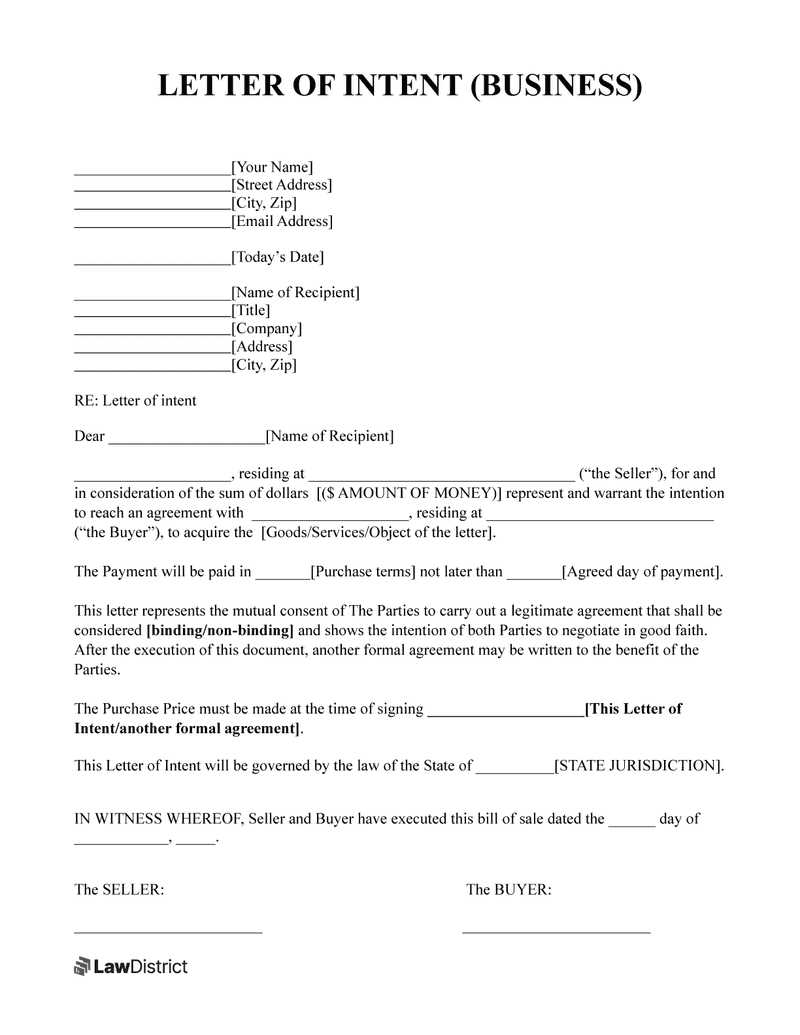 letter of intent template for purchase of goods