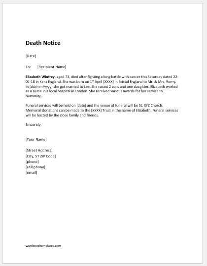 death notification letter template