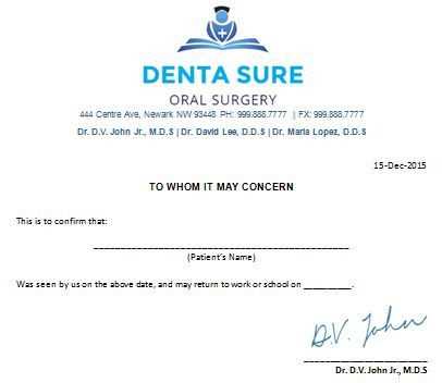 dental excuse letter for work template