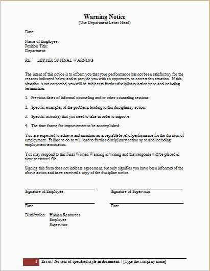 disciplinary written warning letter template