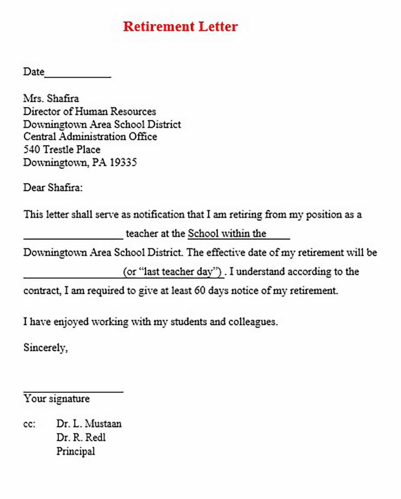 retirement letter template to employee