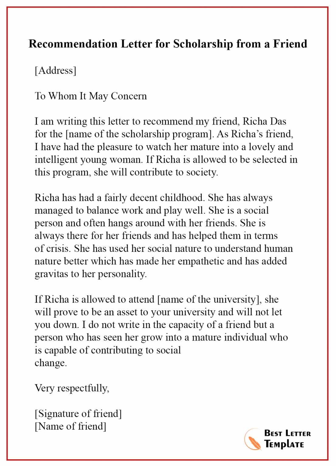 recommendation letter template for college
