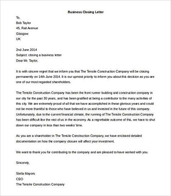 business closure letter template