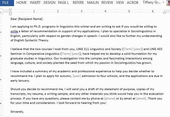 email template to ask for recommendation letter