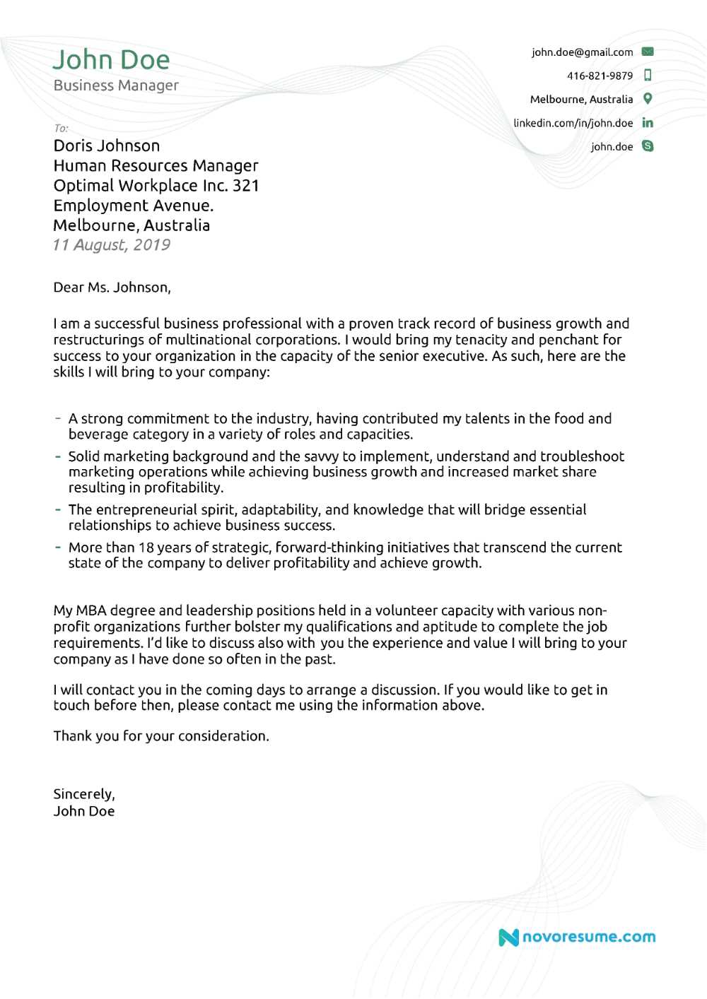 employment cover letter template