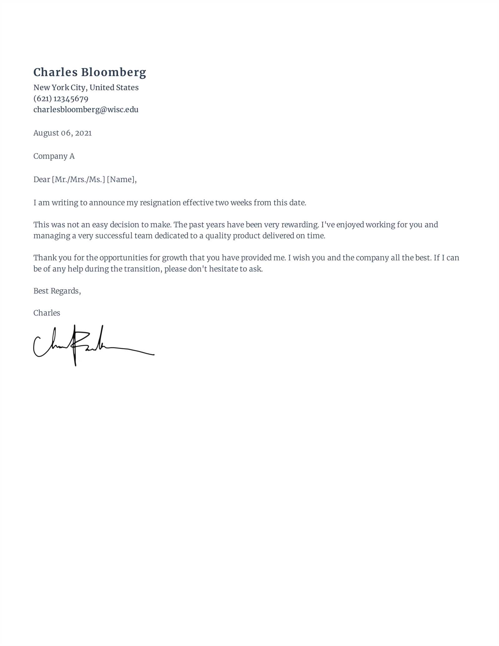 example of resignation letter template