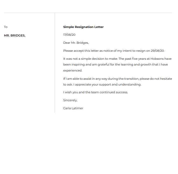 example of resignation letter template