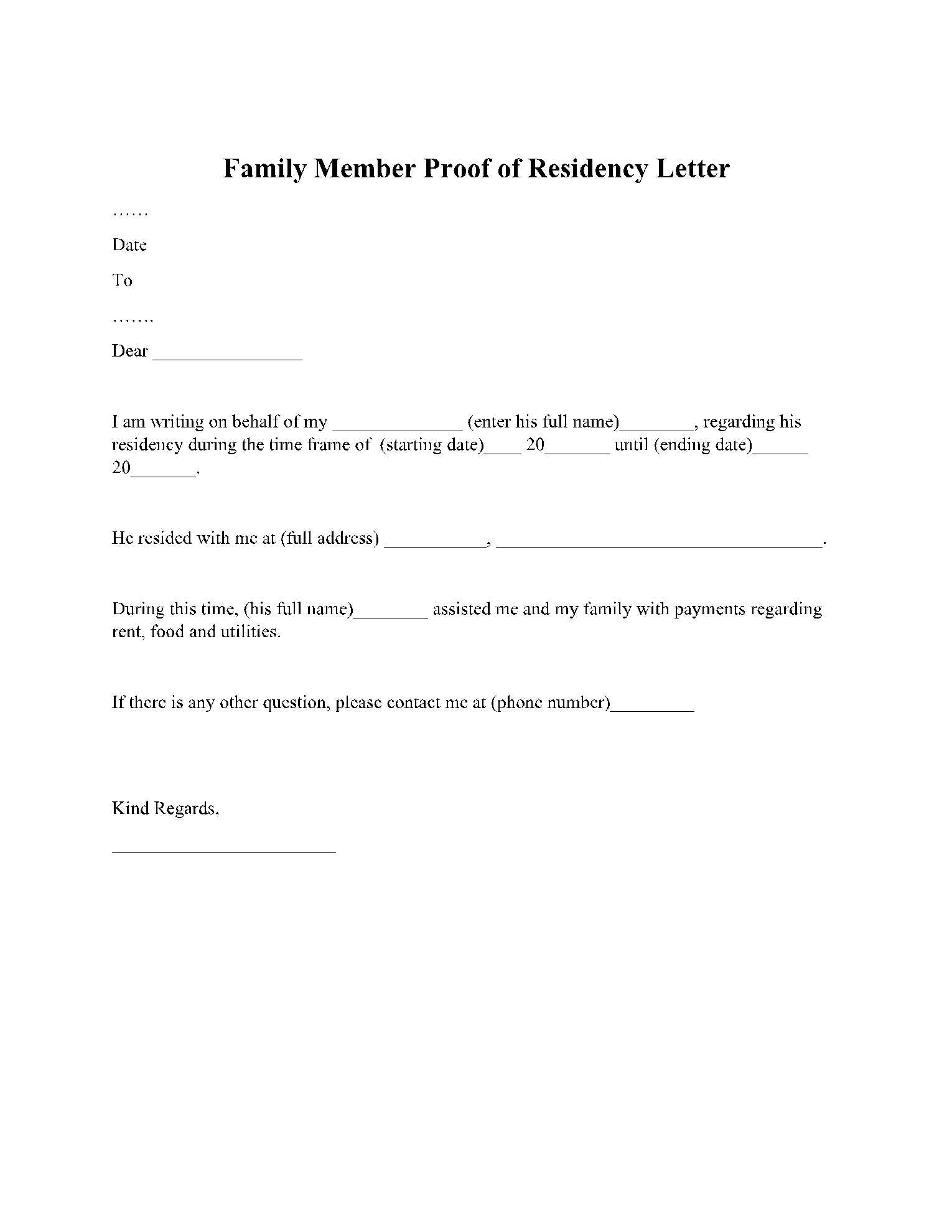 family member proof of residency letter template