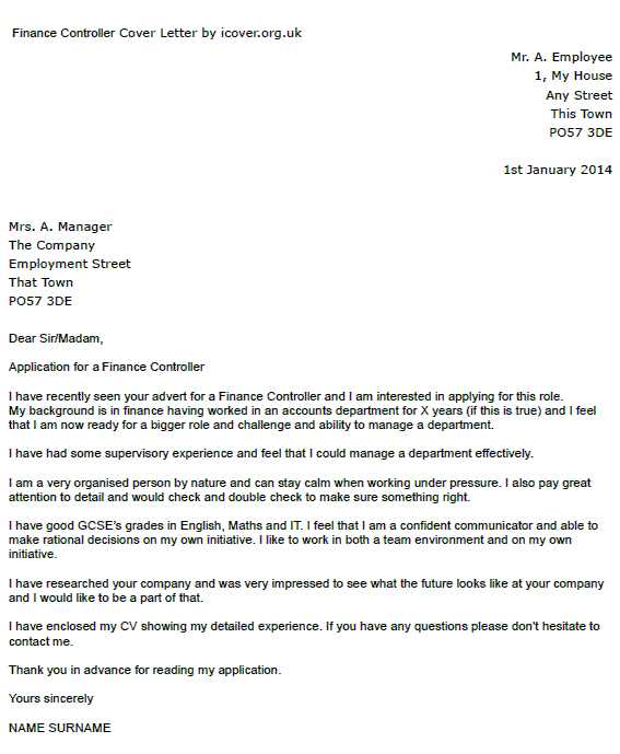 financial cover letter template