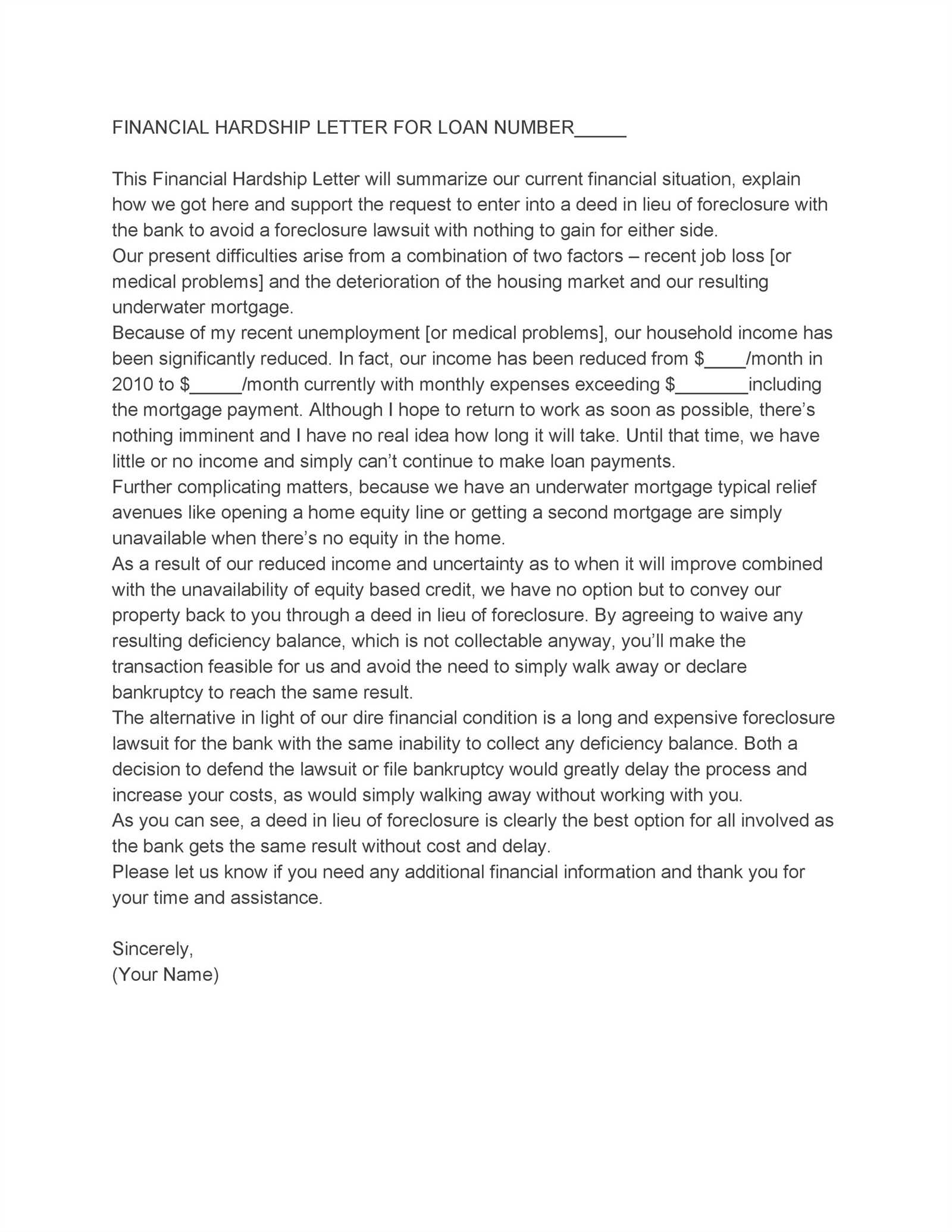 financial hardship letter template