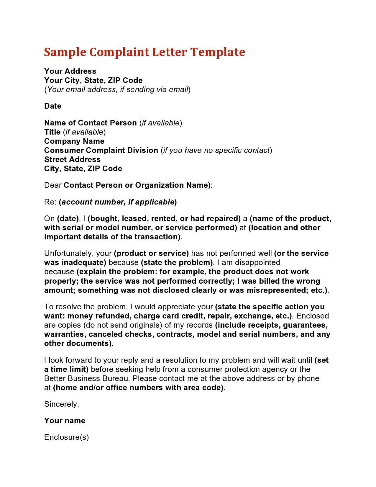 formal complaint letter template word