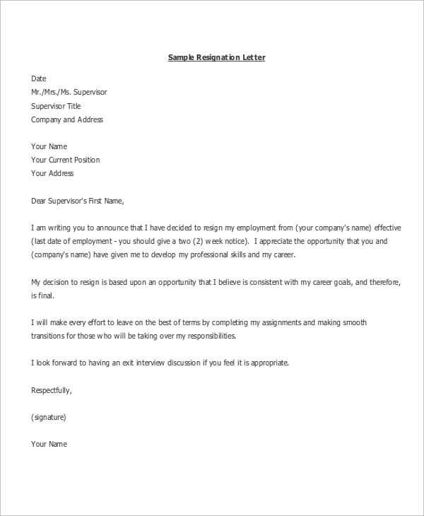 formal 2 weeks notice letter template