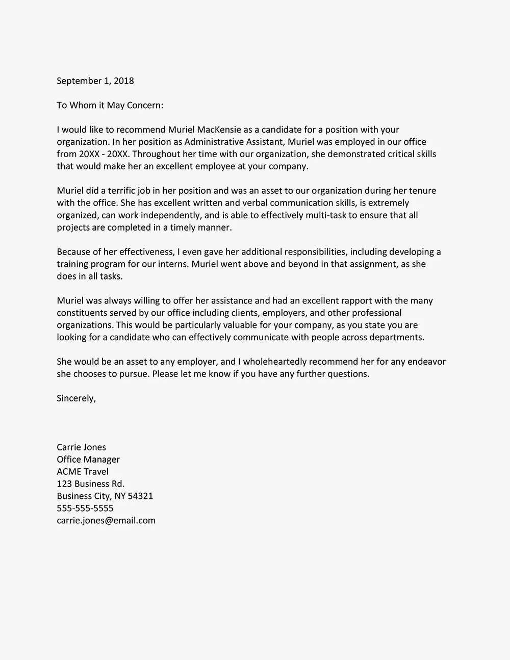 former employee letter of recommendation template