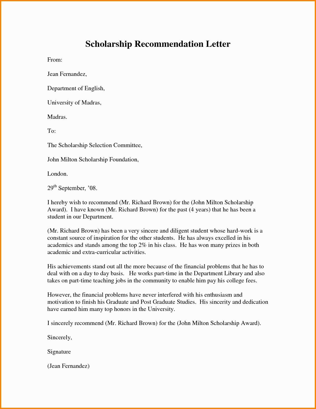 template for scholarship letter of recommendation