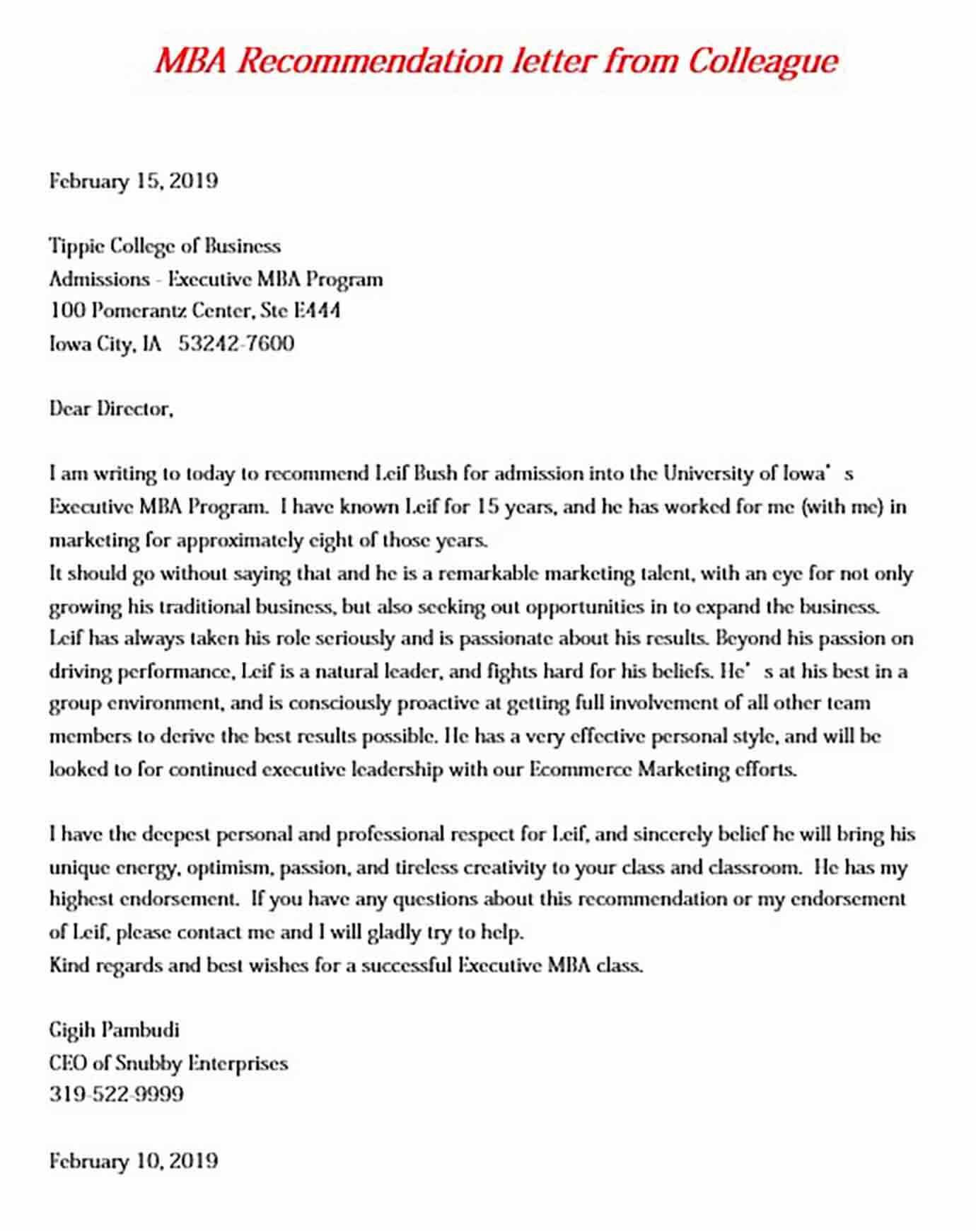 colleague letter of recommendation template