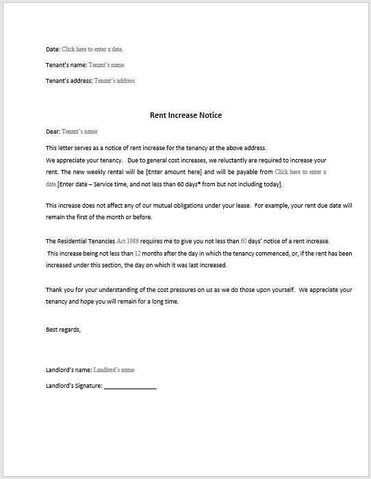 rent increase letter template word